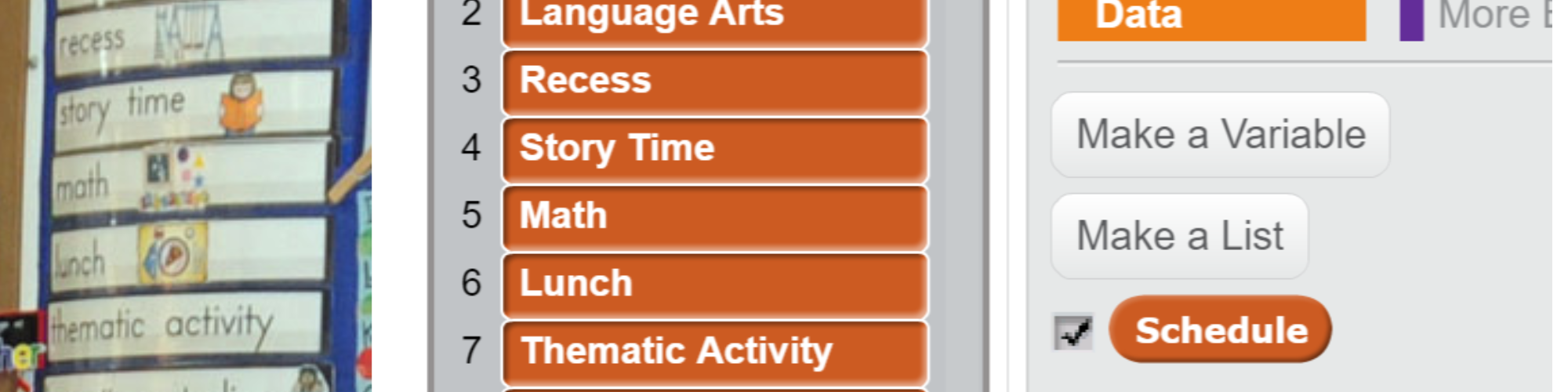 part of a classroom schedule and its representation in Scratch